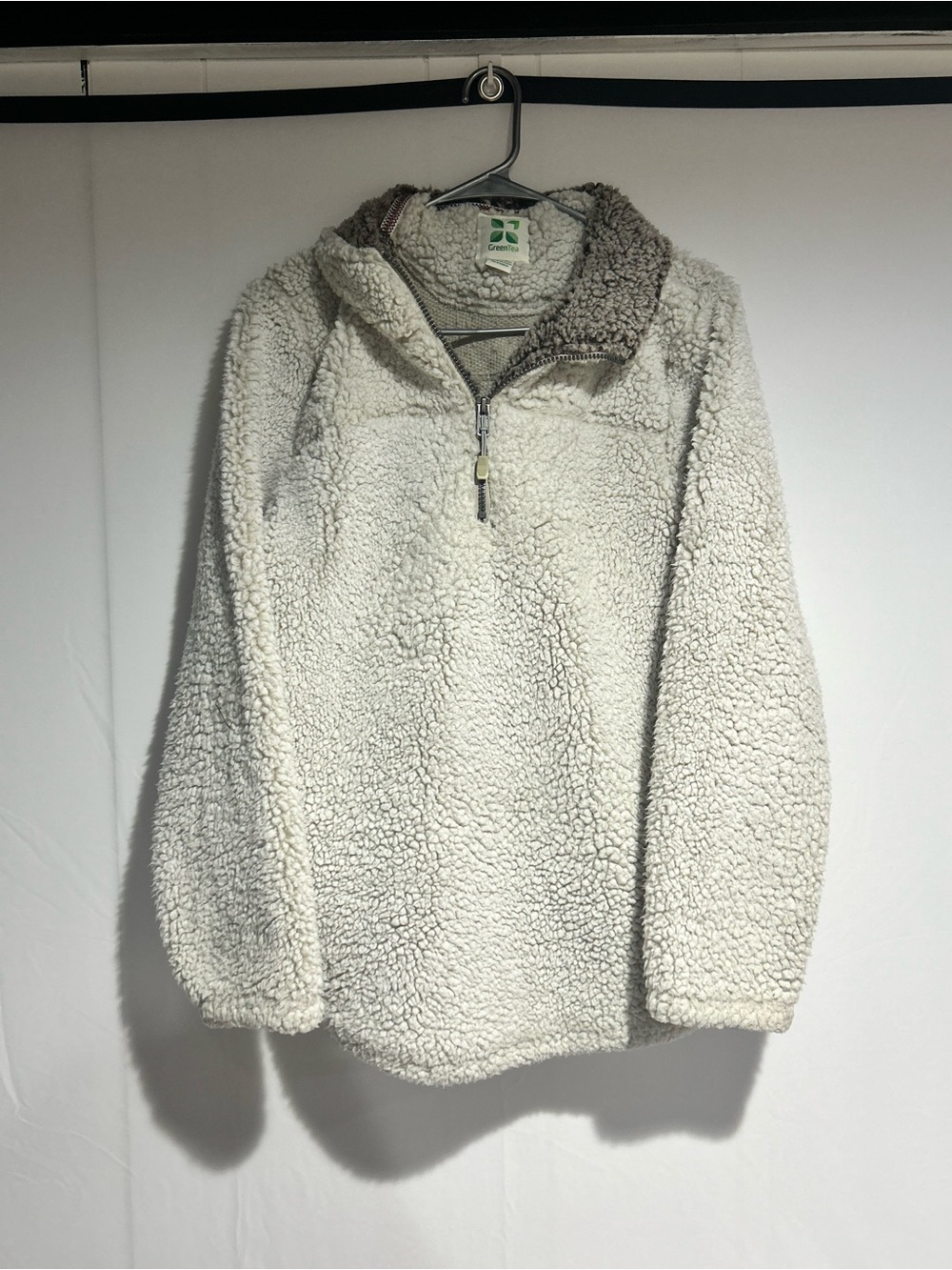 GreenTea Cream Sherpa Cowl Half-Zip Pullover